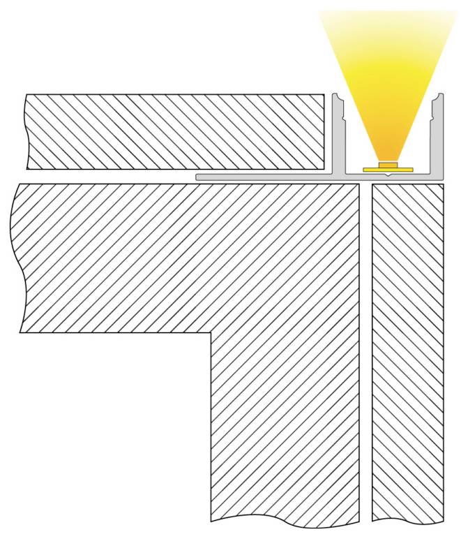 Schéma en coupe montrant une source lumineuse logée dans un support/une fente, projetant un faisceau étroit vers le bas à travers un canal situé entre des blocs structurels hachurés.