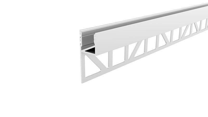 Une pièce blanche, allongée, avec une structure de grille triangulaire sur sa face inférieure. Elle semble faire partie d'un élément de construction plus grand.
