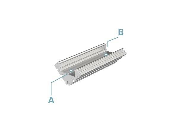 Profilé en aluminium avec deux marquages : 'A' sur le bord inférieur et 'B' sur le bord supérieur. Indique les éléments de construction et les positions.