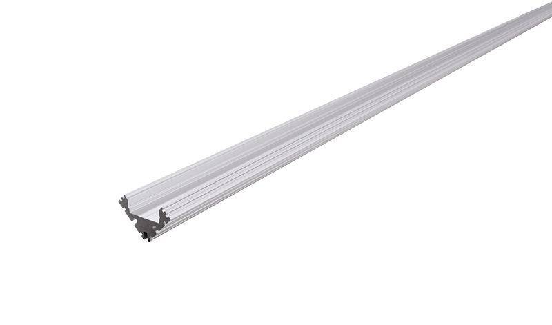 Une longue barre de profilé en aluminium argenté avec trois côtés à rainure en V, utilisée pour des structures modulaires et des constructions.