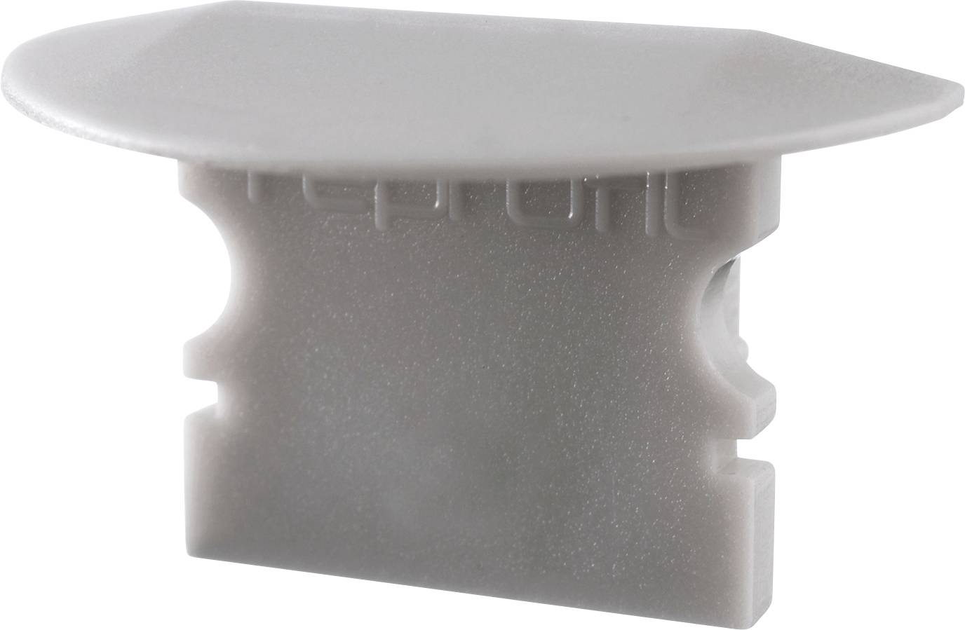 Un adaptateur blanc pour rail ou support, avec une surface supérieure ronde et plate, et un socle rectangulaire avec des encoches.