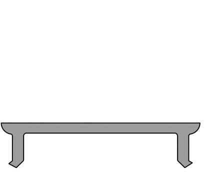 Banc ou table gris(e) à plateau rectangulaire plat et deux pieds inclinés à chaque extrémité, sur fond blanc.