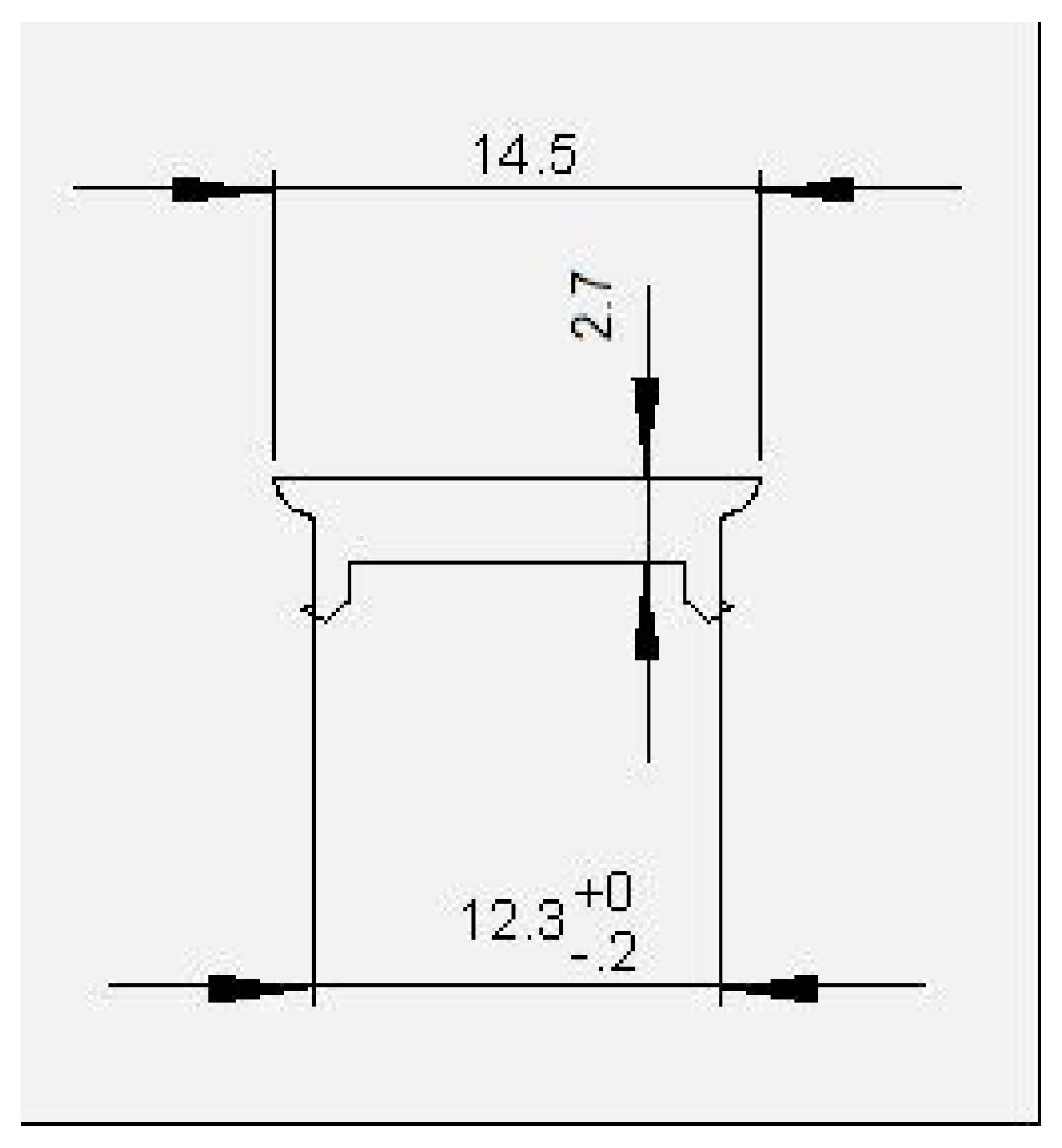 Dessin technique coté d'une pièce cylindrique étagée, indiquant une largeur totale de 14,5, une hauteur de 27 et un diamètre inférieur de 12,3 avec une tolérance de +0/-0,2.