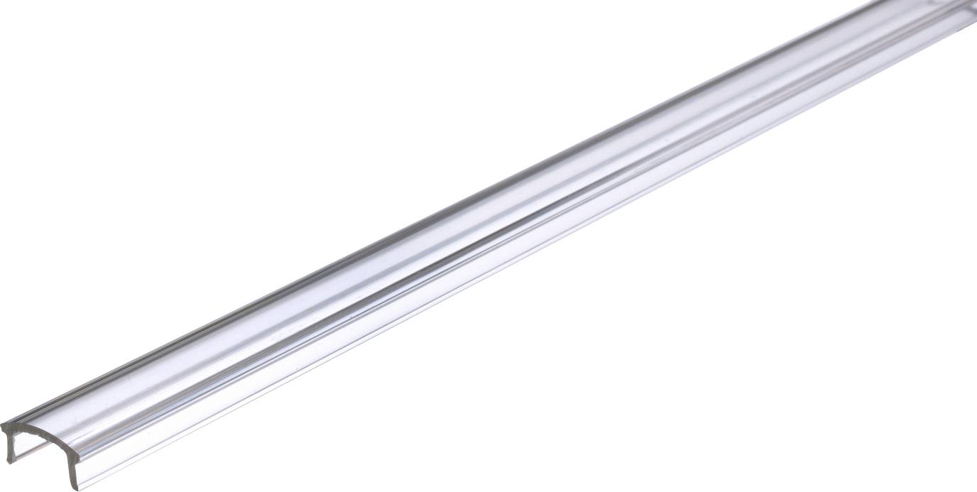 Un objet transparent, allongé, en plastique ou en verre, possiblement une rail ou une barre, avec une surface supérieure semi-arrondie.