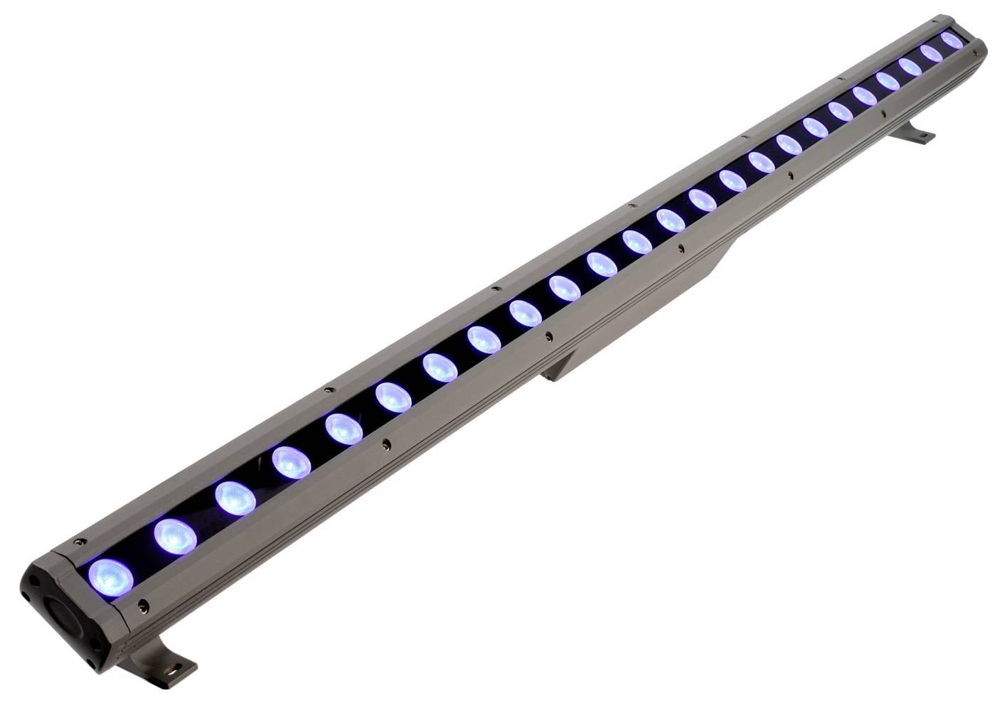 Barre LED noire allongée avec plusieurs lentilles éclairées en bleu, présentée sur fond blanc.