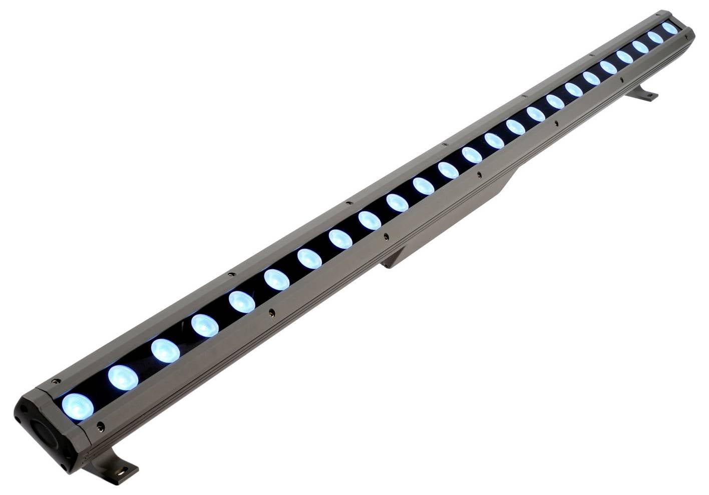 Barre lumineuse LED noire allongée avec une rangée de LED bleues sur fond blanc.