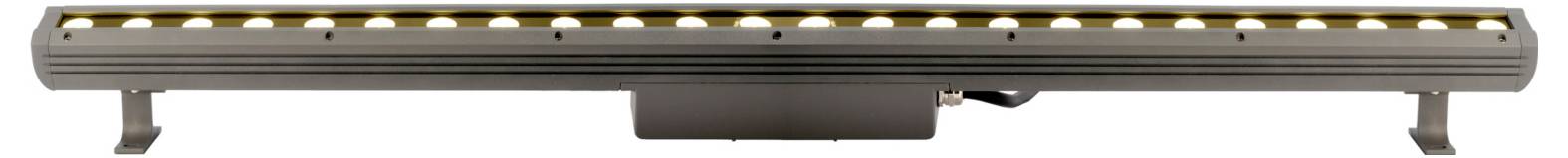 Barre LED longue et étroite montée sur des supports gris, vue de face sur fond blanc.