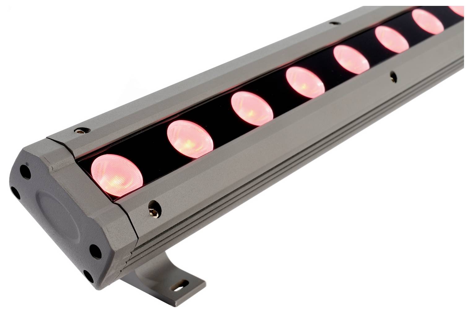 Une barre lumineuse LED linéaire avec plusieurs LEDs rouges circulaires lumineuses, dans un boîtier en métal gris et un support de fixation.