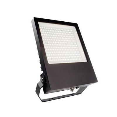 Un projecteur à LED noir de forme carrée avec de nombreuses petites LED sur la façade avant, adapté à l'éclairage extérieur.
