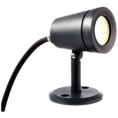 Petit projecteur LED noir avec connexion par câble, monté sur support, adapté à l'éclairage de jardin ou extérieur.