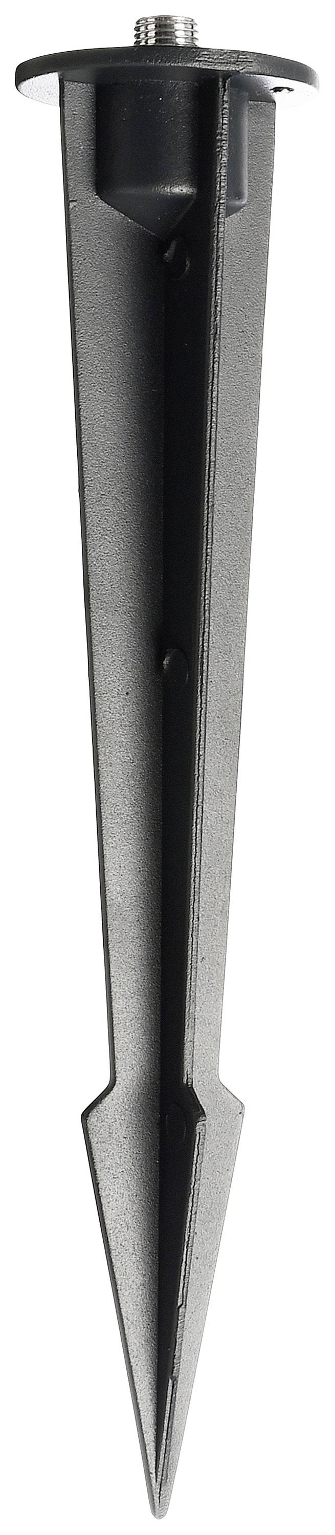 Un piquet de terre en plastique noir à l'extrémité étroite et pointue, avec une surface supérieure plate et ronde, adapté à l'éclairage de jardin.