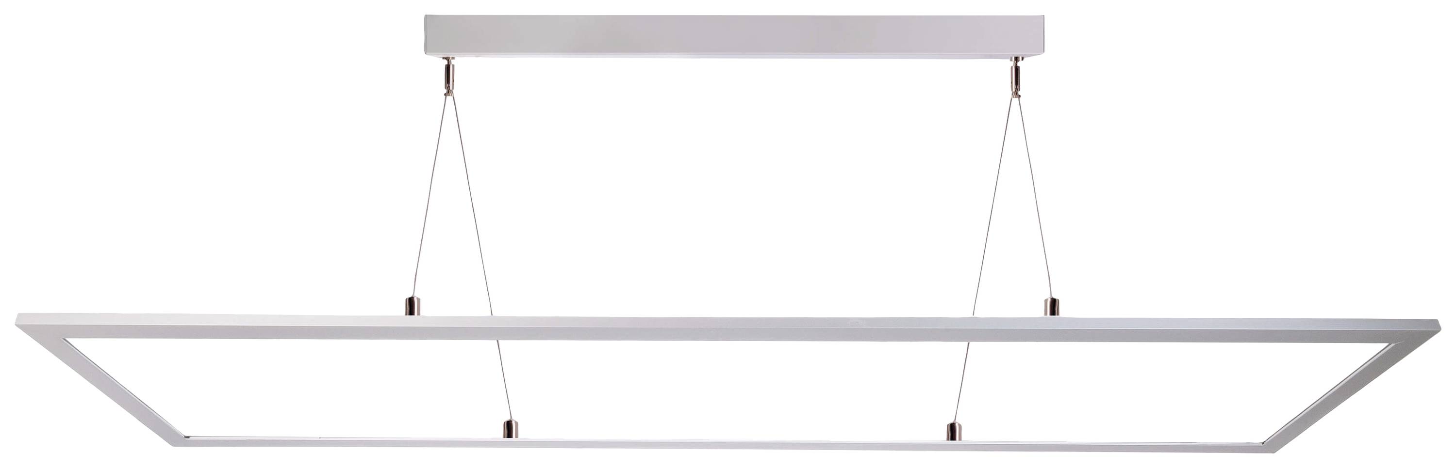 Luminaire suspendu moderne au design minimaliste, de forme rectangulaire, suspendu par de fins câbles à partir d'un support de plafond.