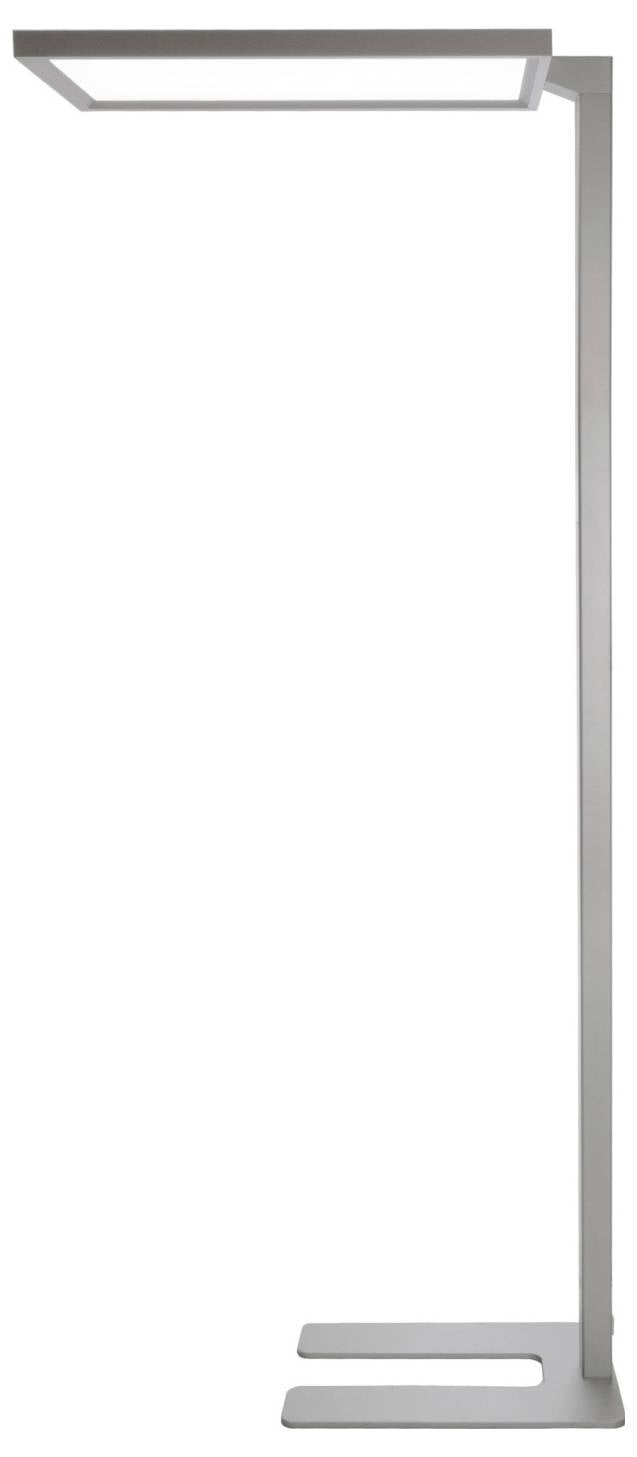 Lampadaire moderne argenté avec un panneau lumineux rectangulaire sur un pied vertical haut et une base lestée.