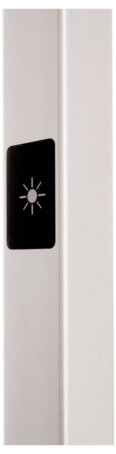 Gros plan sur la porte d'un réfrigérateur avec un bouton tactile noir affichant une icône de lumière, probablement pour l'éclairage intérieur ou la commande de l'affichage.