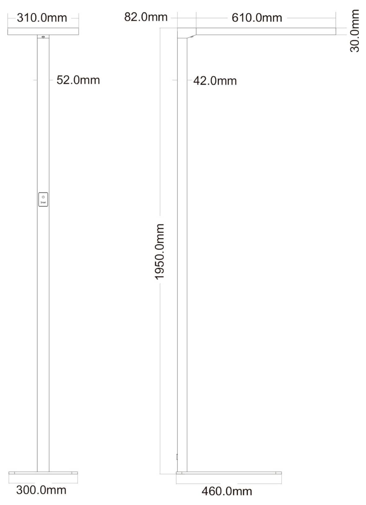 Dessin technique coté d'un cadre rectangulaire ou d'un panneau de type porte, indiquant une largeur de 610 mm, une hauteur de 1950 mm et les dimensions des composants en millimètres.