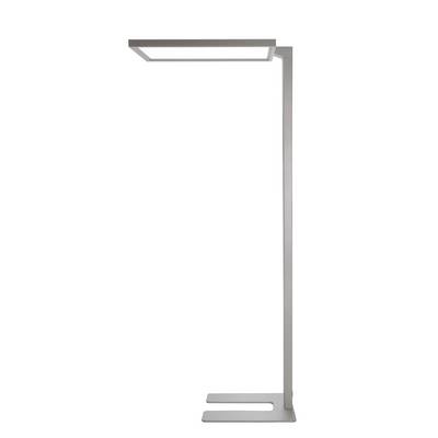 Une lampadaire élégant et moderne avec un abat-jour rectangulaire et un pied stable et anguleux, adapté aux espaces résidentiels ou de bureaux.
