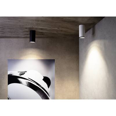 Deux luminaires au plafond, l'un noir et l'autre blanc, projettent leur lumière sur une œuvre d'art moderne accrochée à un mur en béton.