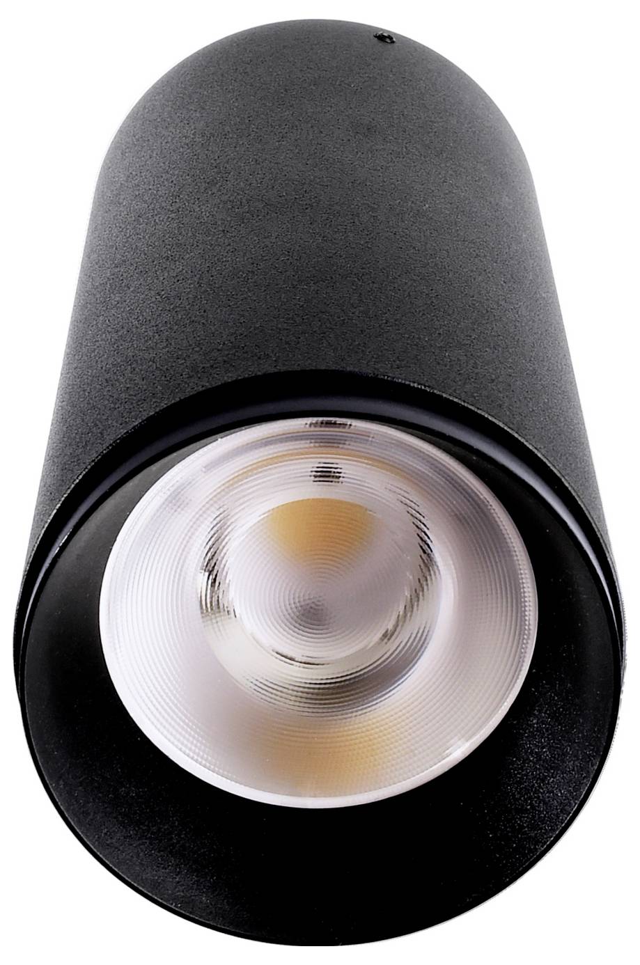 Spot de plafond cylindrique noir avec ampoule LED visible, présenté sur fond blanc.