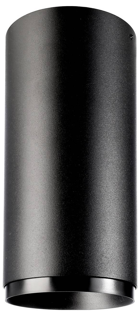 Luminaire cylindrique noir monté au plafond sur fond blanc, vu de dessous.
