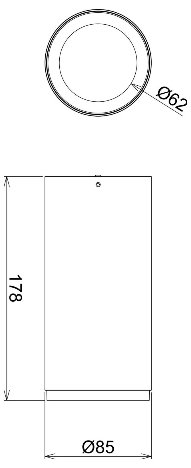 Dessin technique d'une pièce cylindrique : vue de dessus indiquée Ø62 et vue de côté montrant une hauteur de 178 mm et un diamètre Ø85.