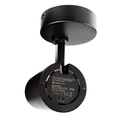 Luminaire encastré au plafond avec boîtier noir. L'inscription indique les informations du fabricant et les symboles de certification. Indice de protection IP20.