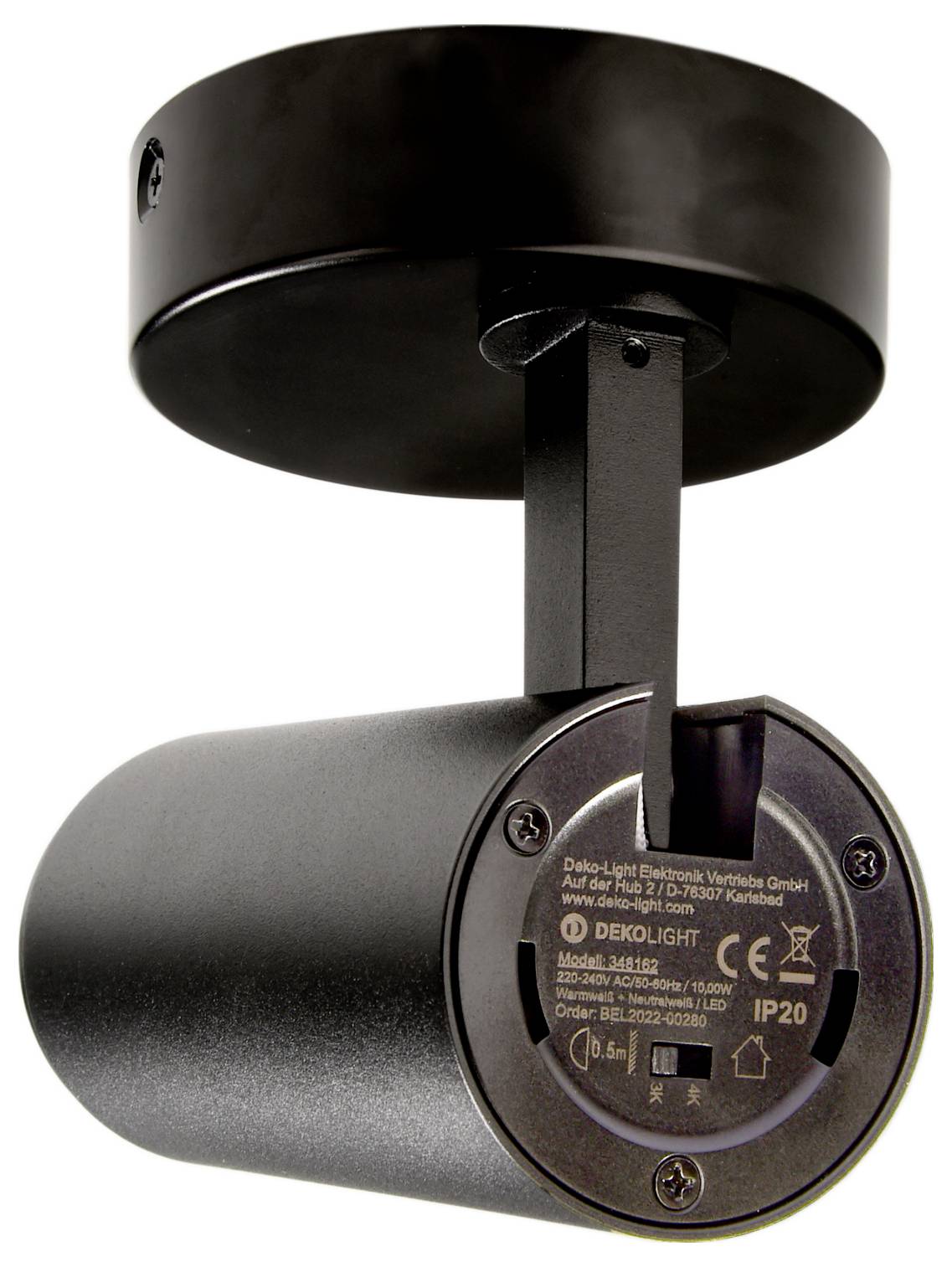 Spot cylindrique noir de plafond vu de dessous sur fond blanc, avec bras de fixation réglable et étiquette produit visible.
