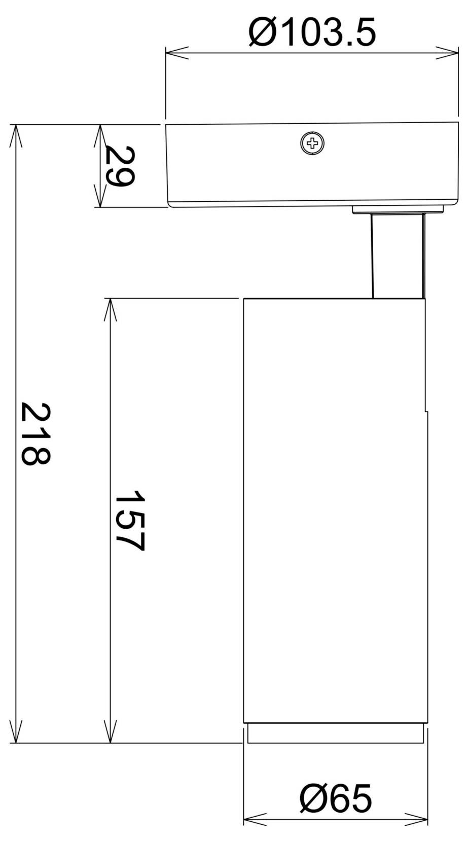Dessin technique coté d'un gabarit cylindrique : diamètre supérieur Ø103,5, diamètre de base Ø65, hauteur totale 218, hauteur du corps principal 157, hauteur de la partie supérieure 29.