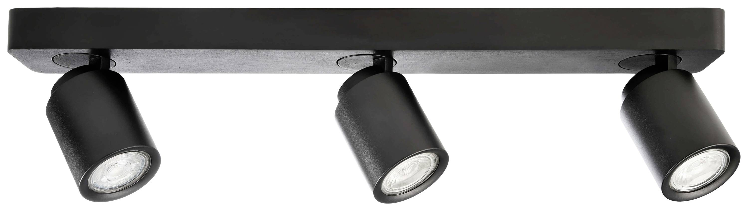 Trois spots de plafond noirs réglables montés sur une platine rectangulaire, conçus comme solution d'éclairage pour les espaces intérieurs.
