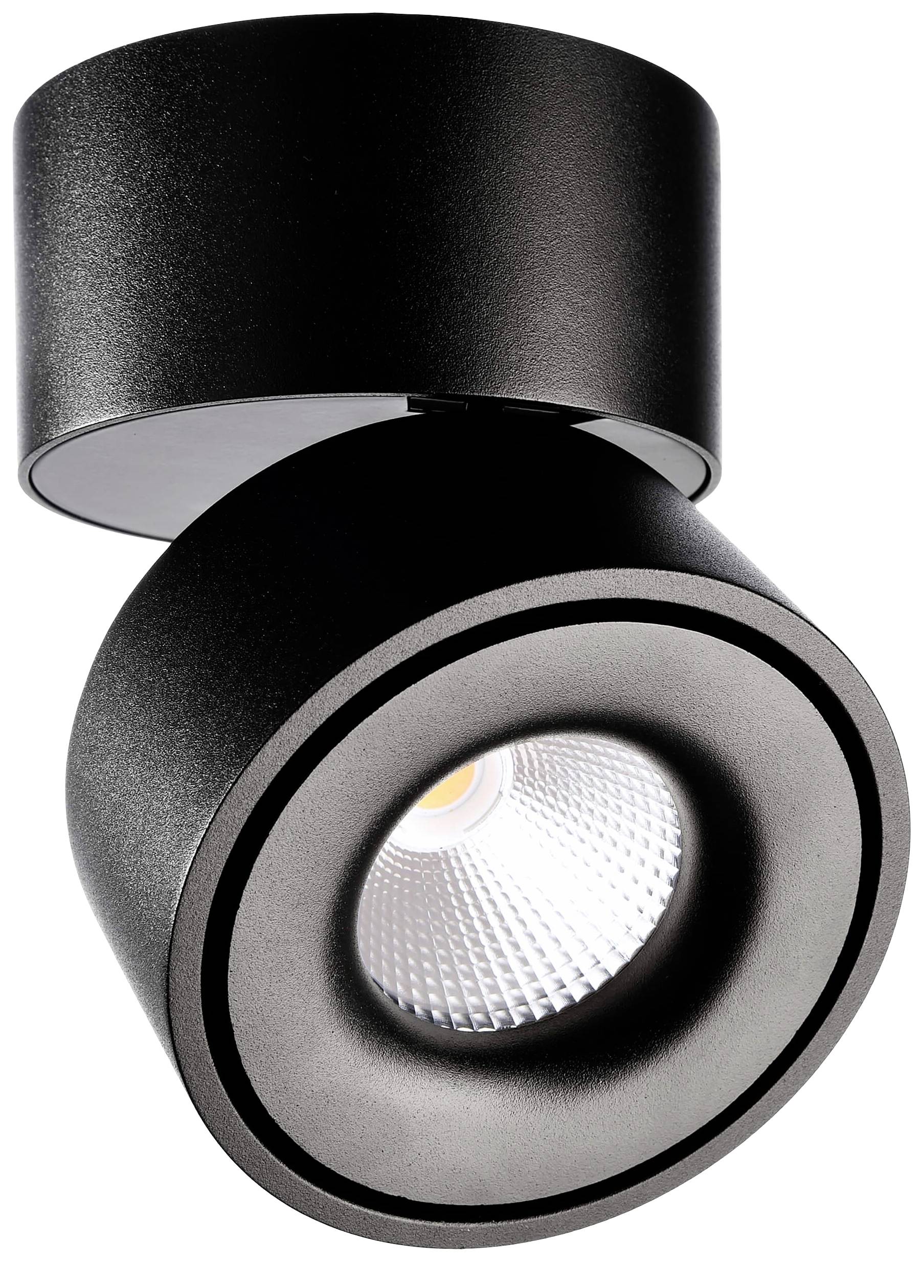 Un luminaire de plafond rond noir au design moderne, orientable, éclairant vers le bas. Idéal pour un éclairage directionnel dans les espaces intérieurs.