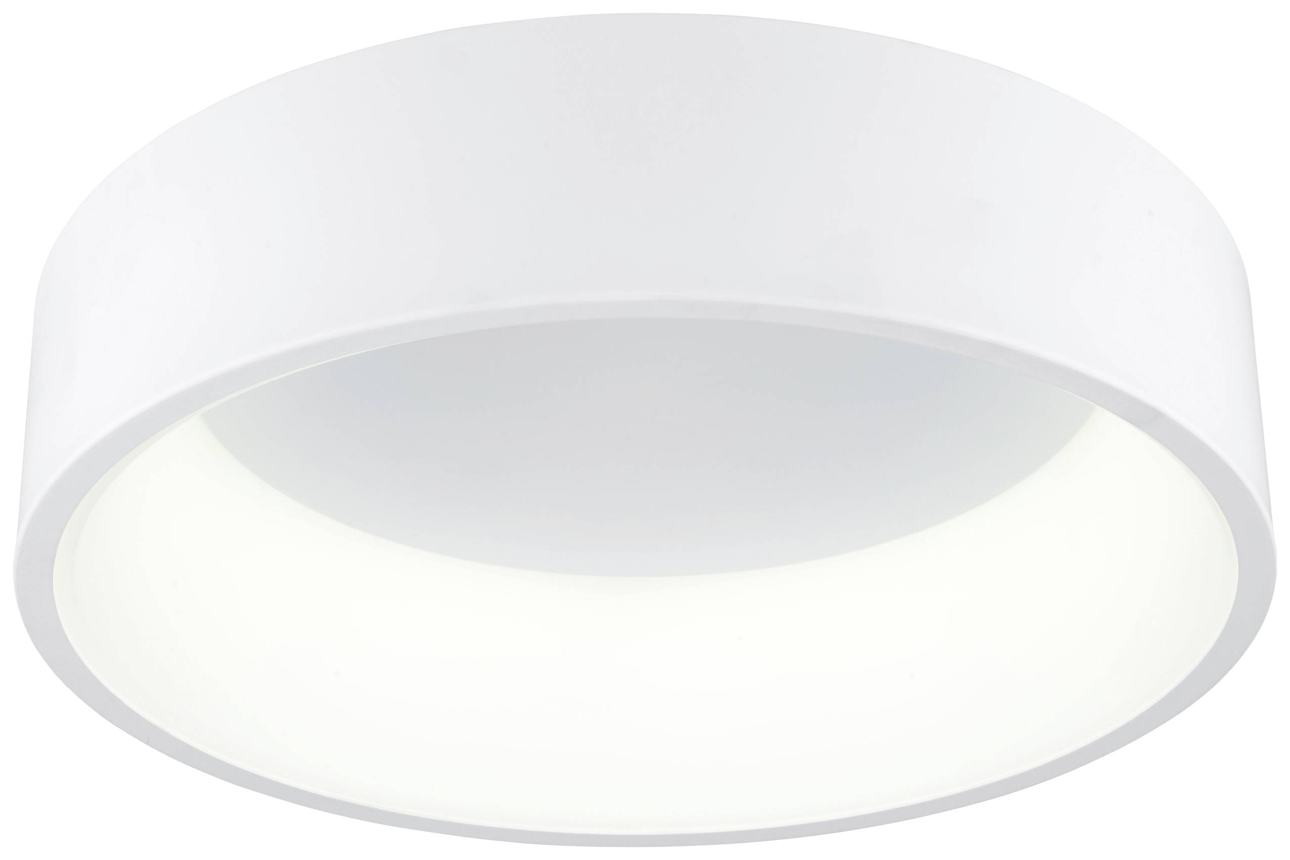 Plafonnier blanc, rond, au design épuré et moderne, adapté à divers espaces intérieurs.