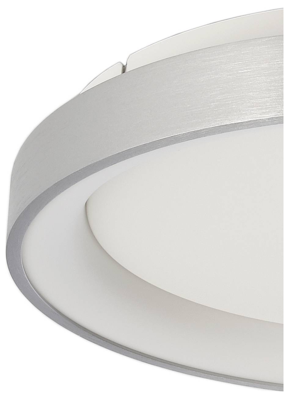Gros plan d'un plafonnier rond moderne avec un anneau extérieur en argent brossé et un diffuseur blanc givré.