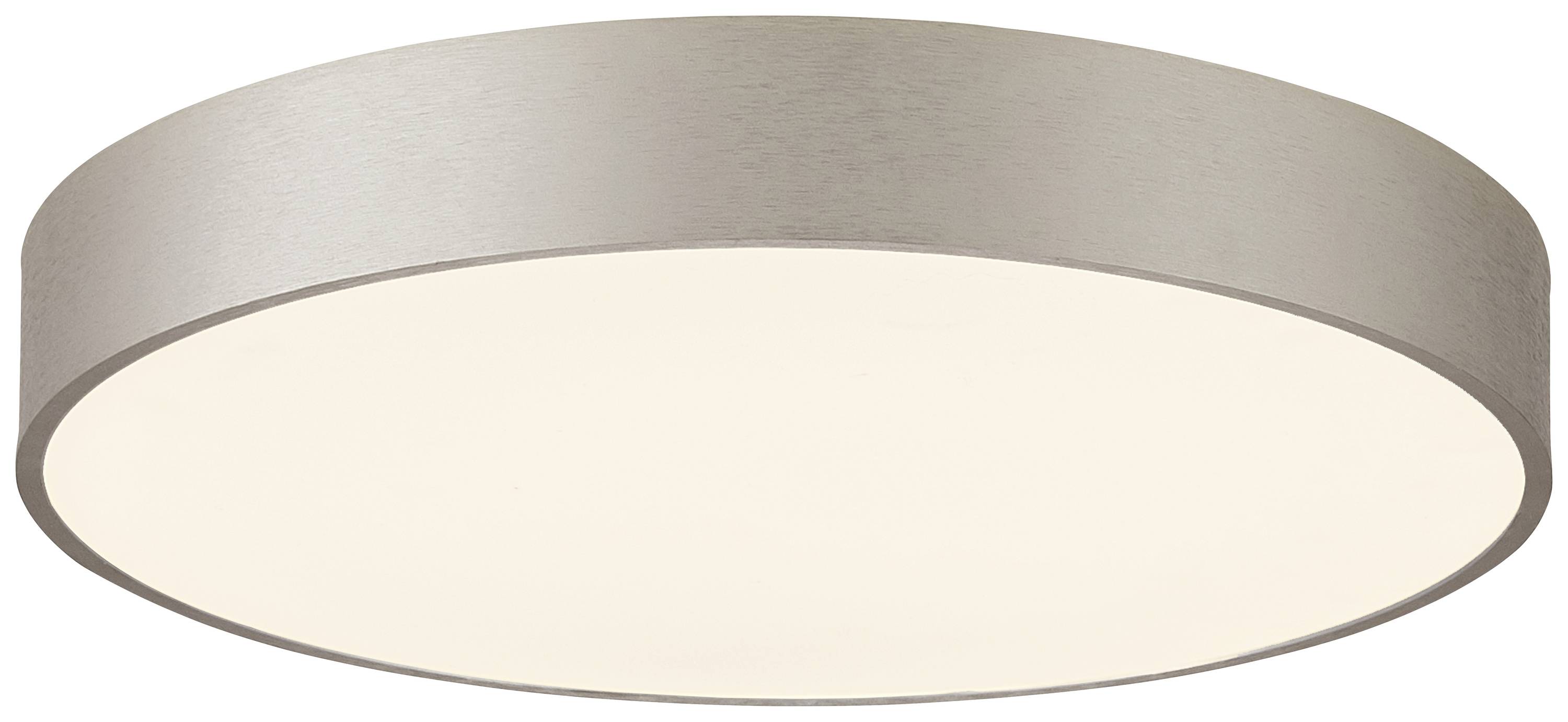 Plafonnier rond en finition métallique avec diffuseur blanc, diffusant une lumière uniforme pour les espaces intérieurs. Design minimaliste.