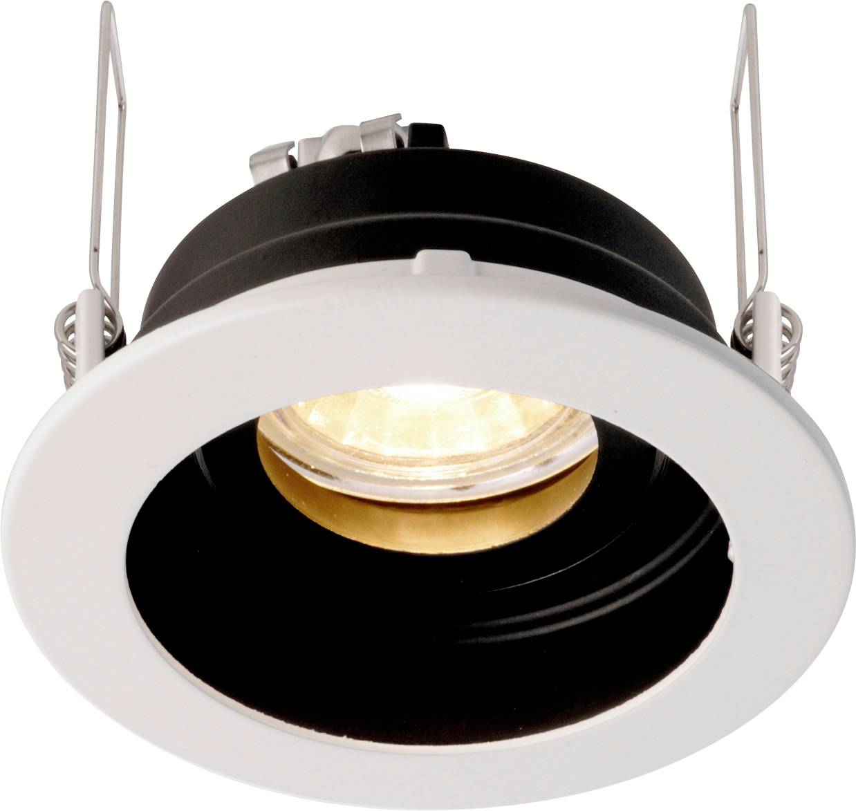 Spot encastrable rond de couleur noire avec un bord blanc et un élément lumineux visible au centre. Idéal pour l'éclairage d'intérieur moderne.