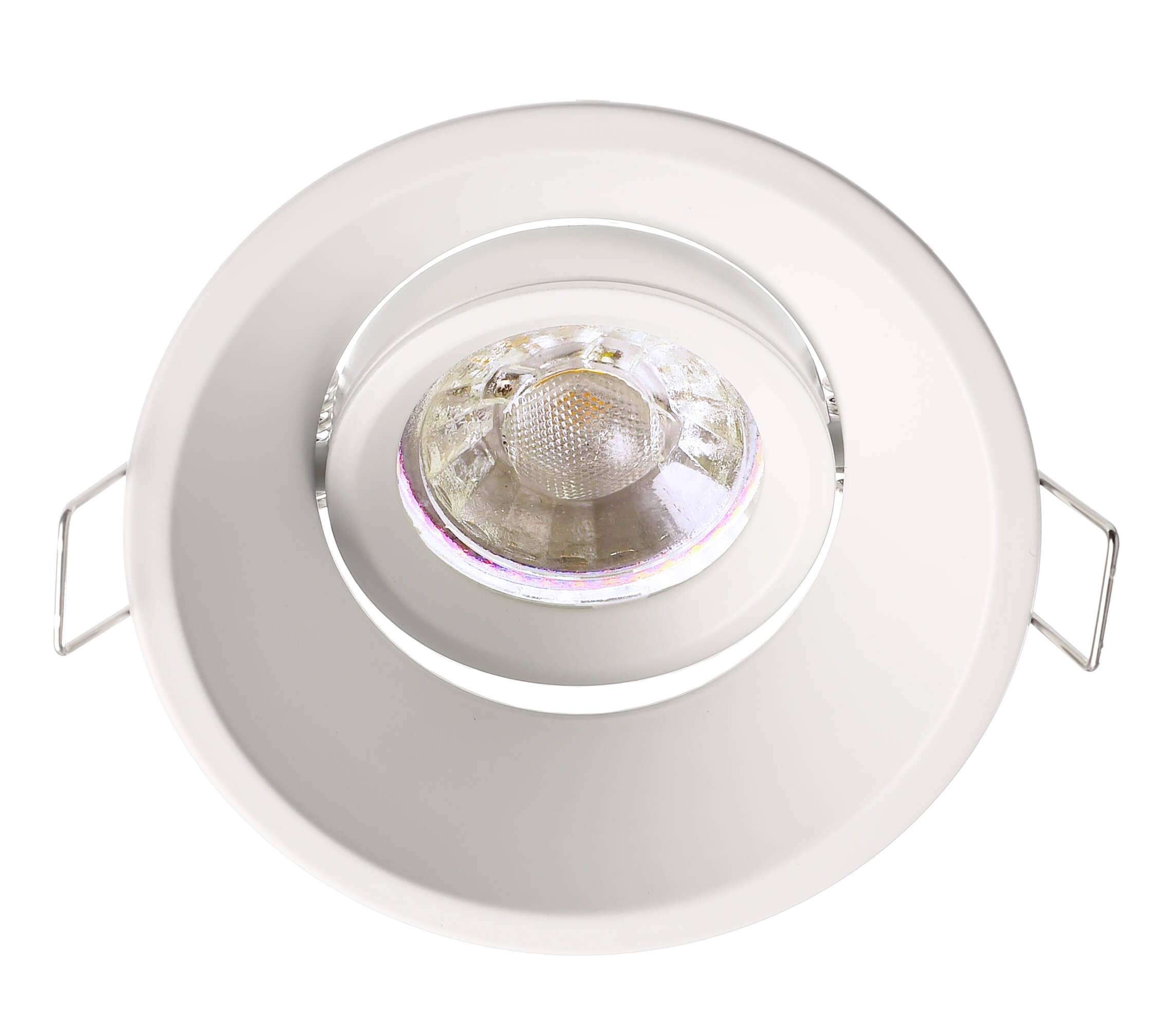 Projecteur avec support circulaire blanc et point lumineux central, adapté pour une installation au plafond et un éclairage ciblé.