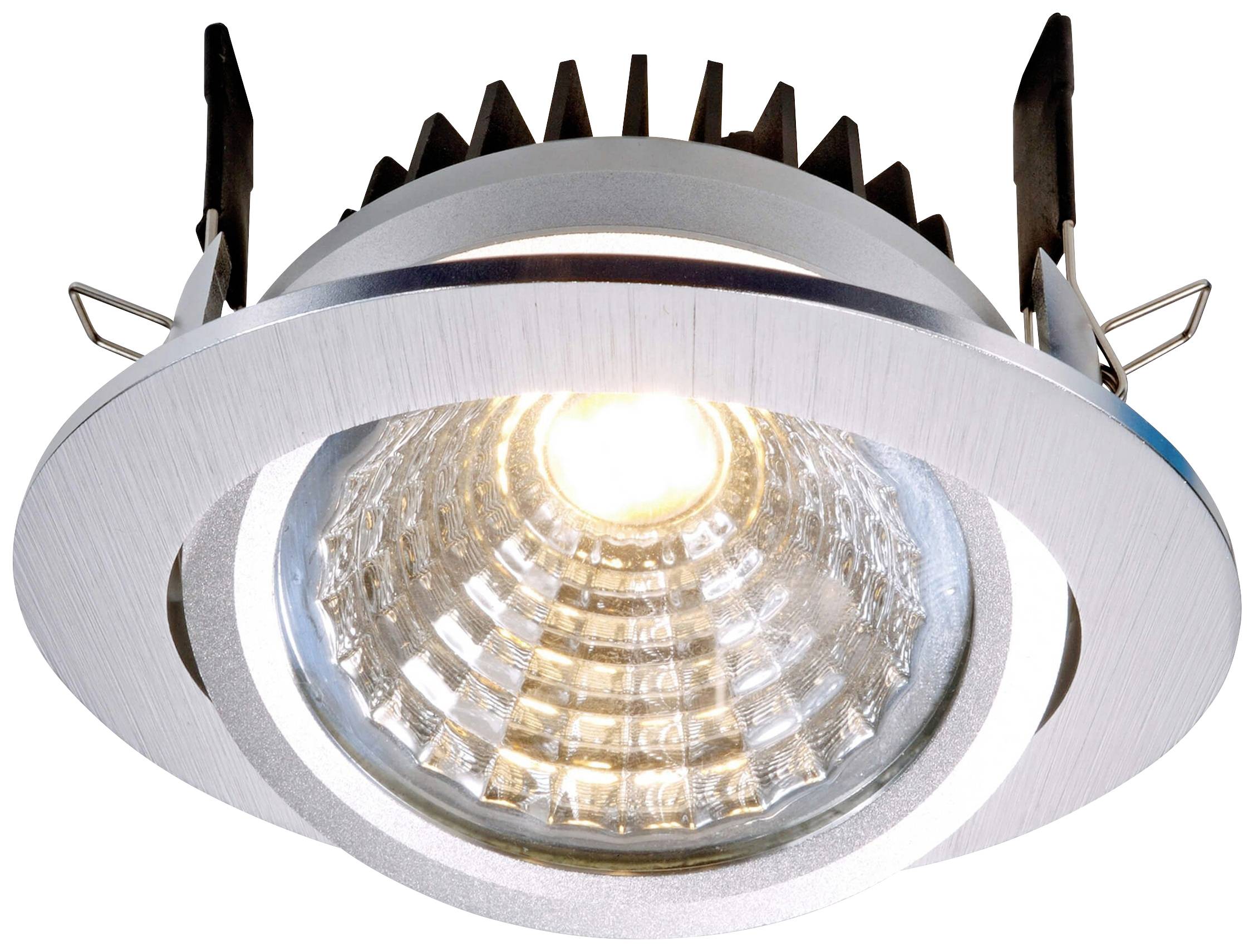 Projecteur de plafond LED rond de couleur argent, avec une lumière centrale vive et brillante, adapté à l'éclairage intérieur moderne.