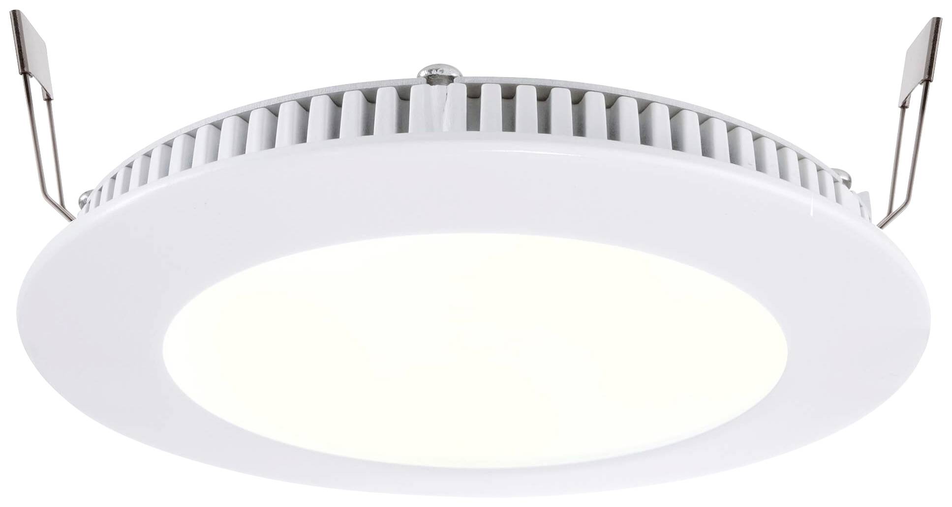 Plafonnier LED rond avec des attaches métalliques blanches, adapté pour une installation en saillie au plafond.