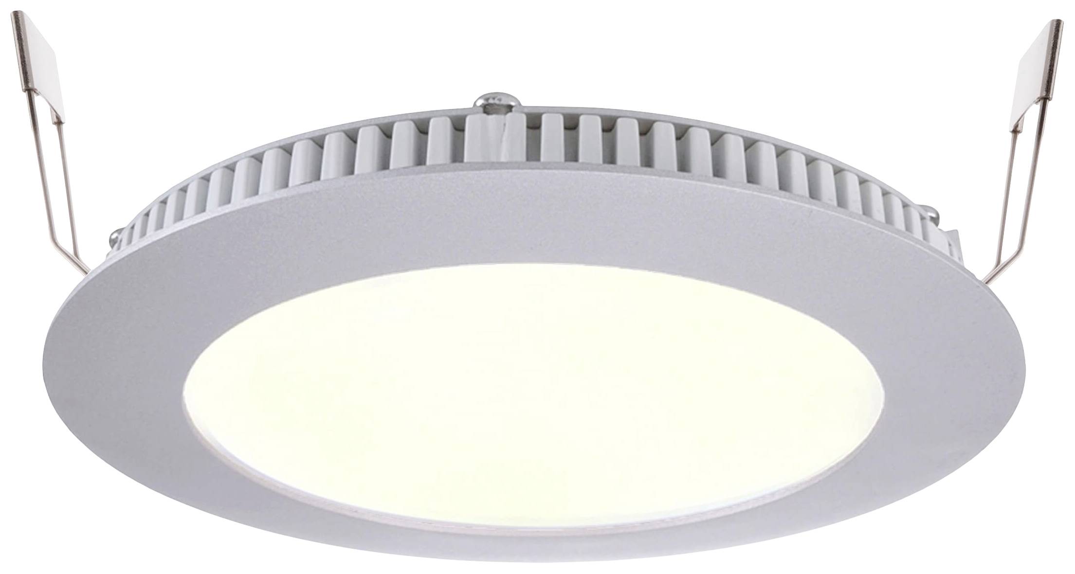 Plafonnier LED blanc rond avec ailettes de refroidissement intégrées et deux attaches de fixation latérales.