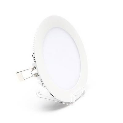 Plafonnier LED rond blanc au design épuré, posé sur un support transparent.