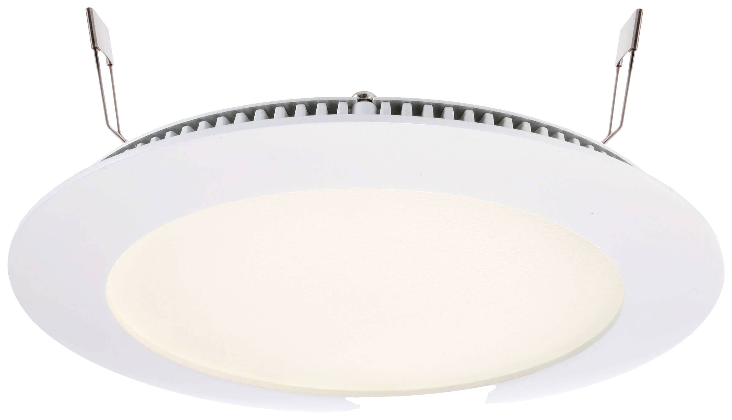 Un luminaire encastré LED rond blanc avec des attaches métalliques pour montage au plafond. Il diffuse une lumière douce et uniforme.