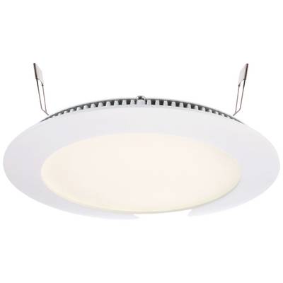 Un luminaire encastré LED rond blanc avec des attaches métalliques pour montage au plafond. Il diffuse une lumière douce et uniforme.