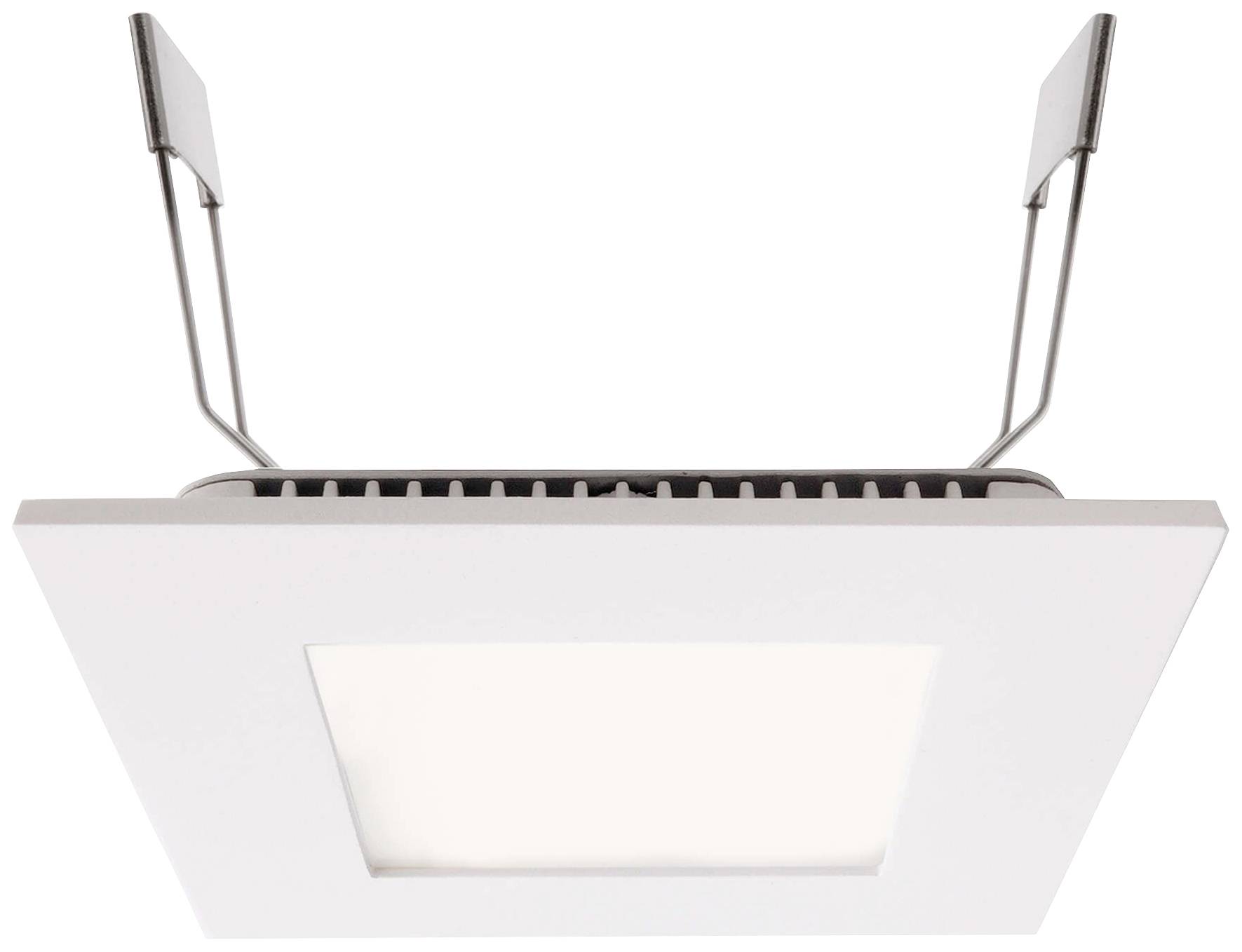 Plafonnier carré blanc avec un panneau LED intégré et deux supports en métal, vue de dessous.