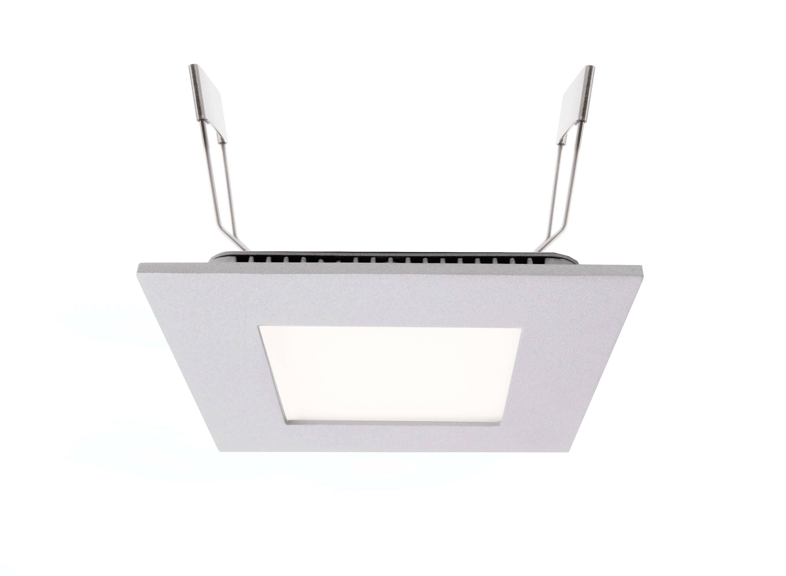 Spot encastrable carré avec cadre argenté et deux supports, adapté pour une installation au plafond. Éclairage LED économe en énergie.