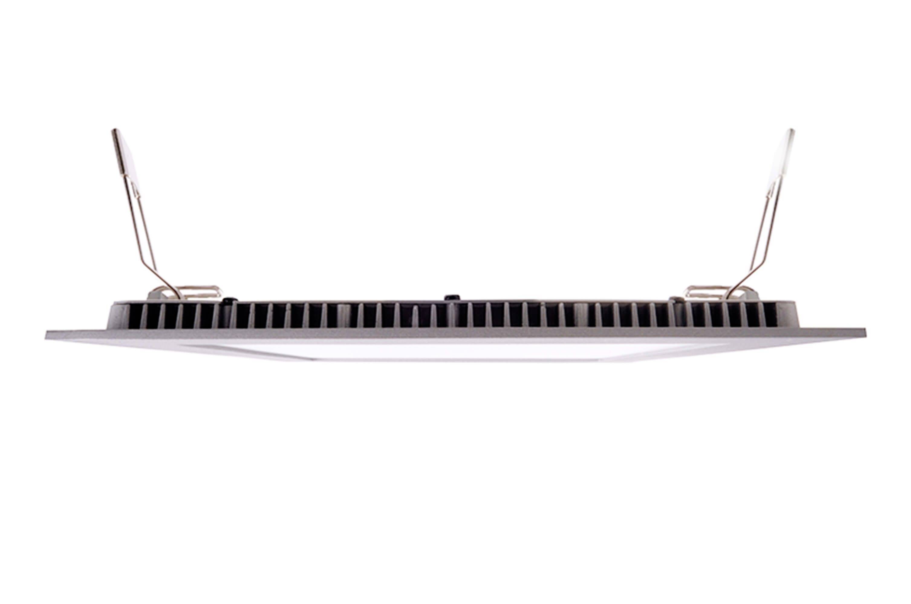 Panneau LED encastrable avec ressorts latéraux de fixation, fin et rectangulaire, représenté en vue latérale.