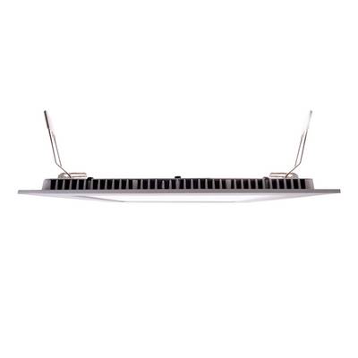 Panneau LED encastrable avec ressorts latéraux de fixation, fin et rectangulaire, représenté en vue latérale.