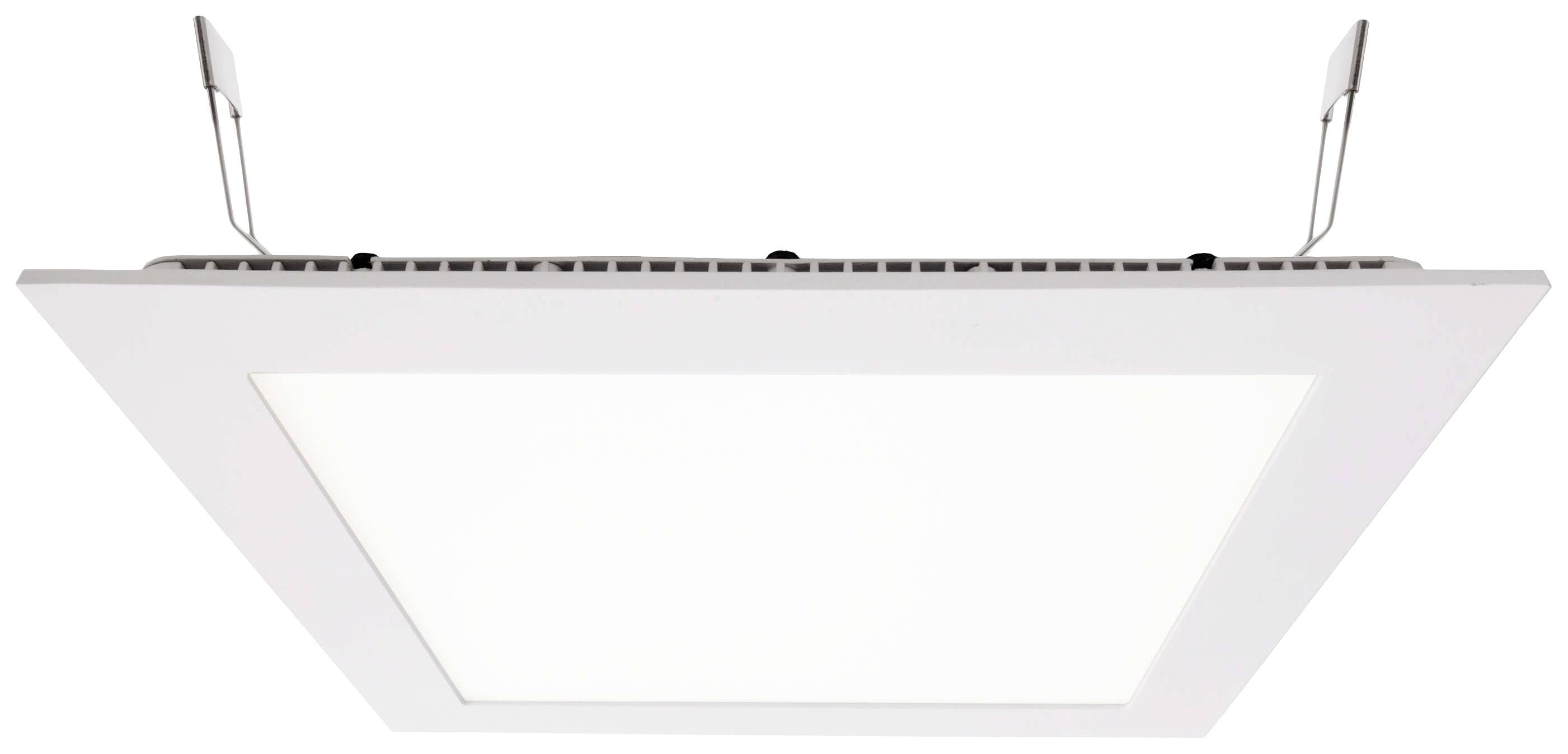 Un luminaire de plafond LED carré, plat et blanc, suspendu par des supports fins, éclaire intensément. Il convient parfaitement aux espaces intérieurs.