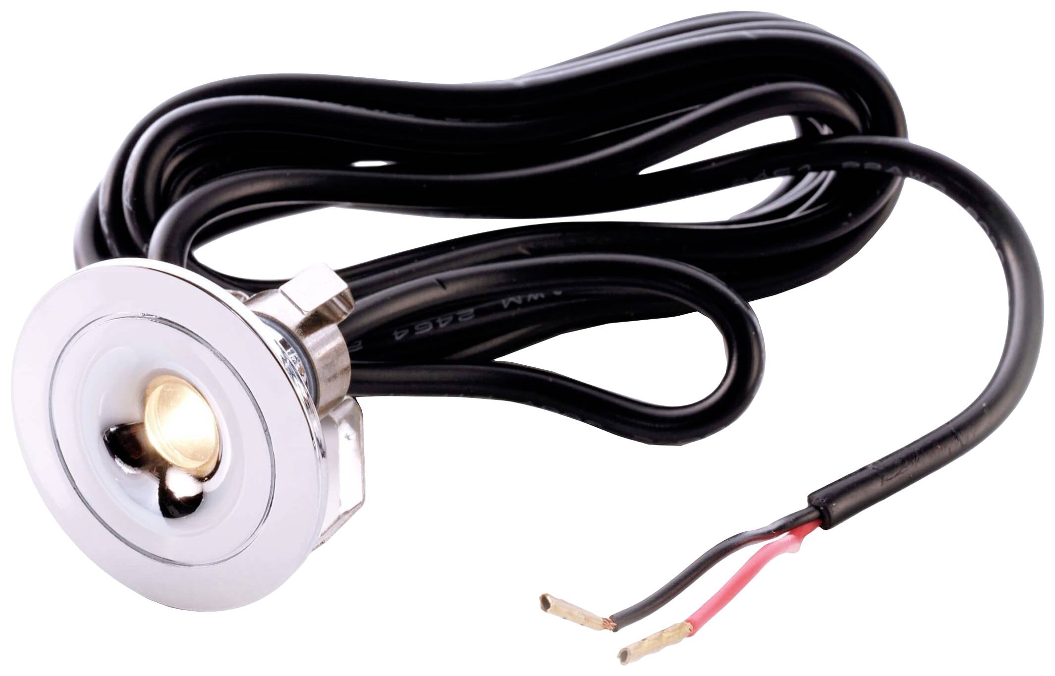 Lumière LED ronde avec bordure chromée et câbles noirs, dont les extrémités présentent deux fils nus.