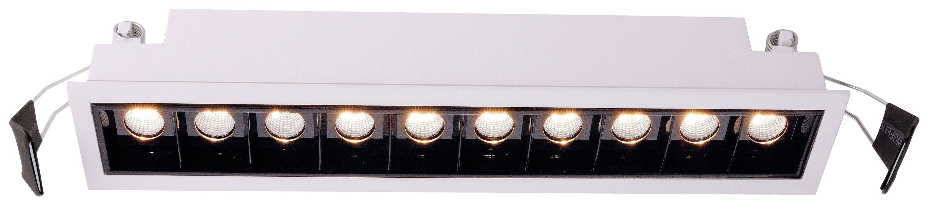 Un spot encastrable rectangulaire avec dix spots lumineux ronds disposés côte à côte dans un boîtier blanc.