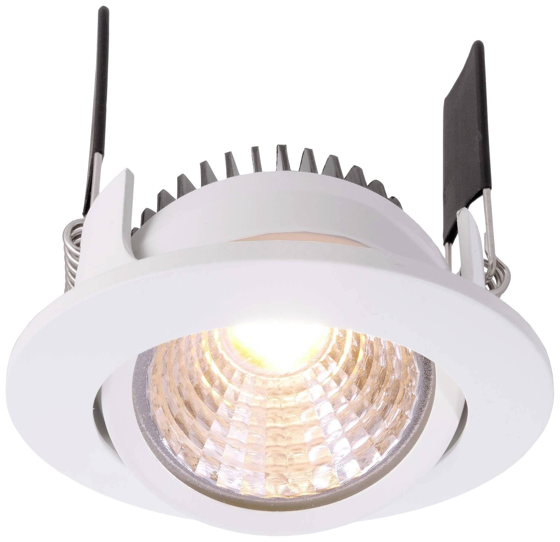 Luminaire encastré au design circulaire, avec un éclairage LED central, des ailettes de refroidissement argentées en haut, et deux attaches de montage noires.