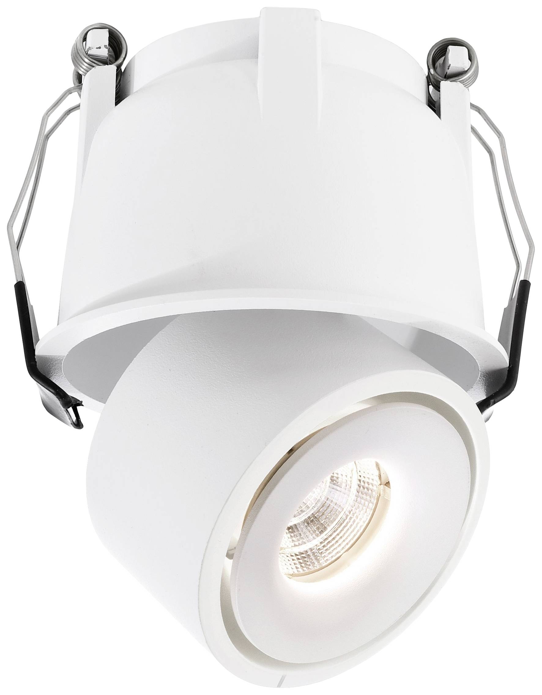 Plafonnier blanc, rond, avec spot réglable et deux supports latéraux.