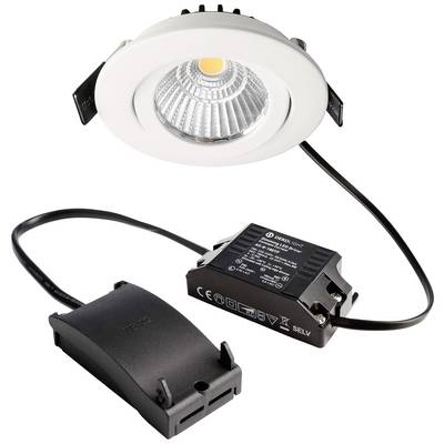 Un spot encastré de plafond rond blanc à LED avec ampoule GU10 et transformateur noir, relié par un câble. Adapté pour l'éclairage intérieur.